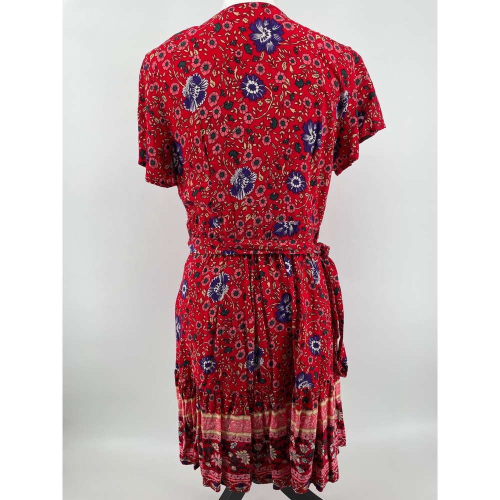 Floral Mini Dress Womens Medium Red Western Boho Cottagecore Boho Ruffle Wrap - Picture 4 of 8